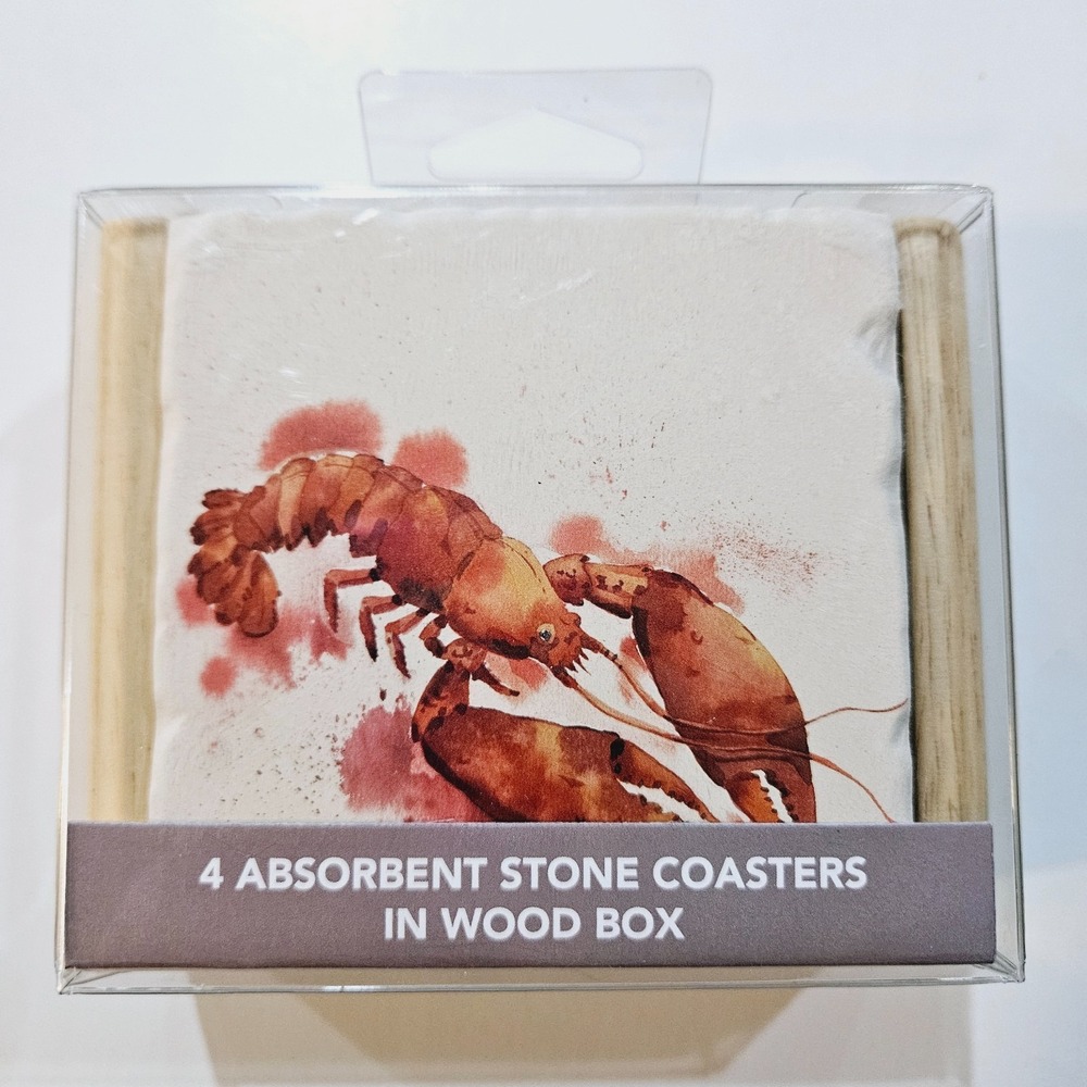 Highland Home Lobster Absorbent Stone Coasters Set of 4 Wood Holder‎ USA Gift